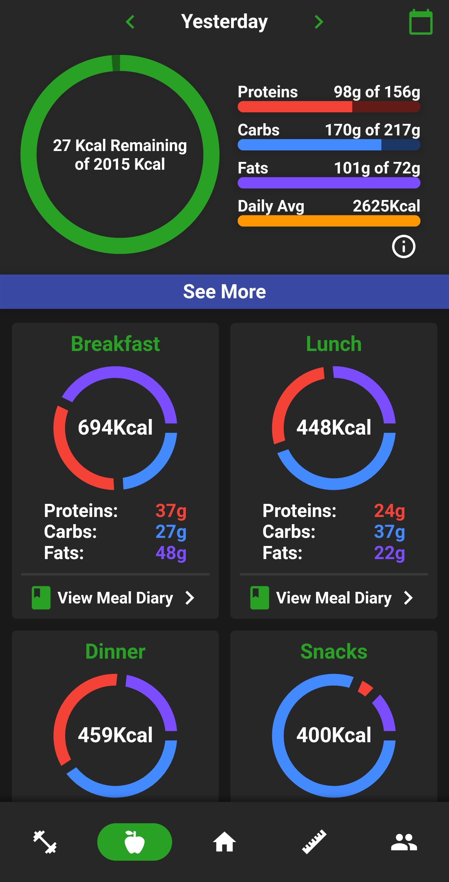 NutriMotion mobile dashboard with calorie and meal breakdown.