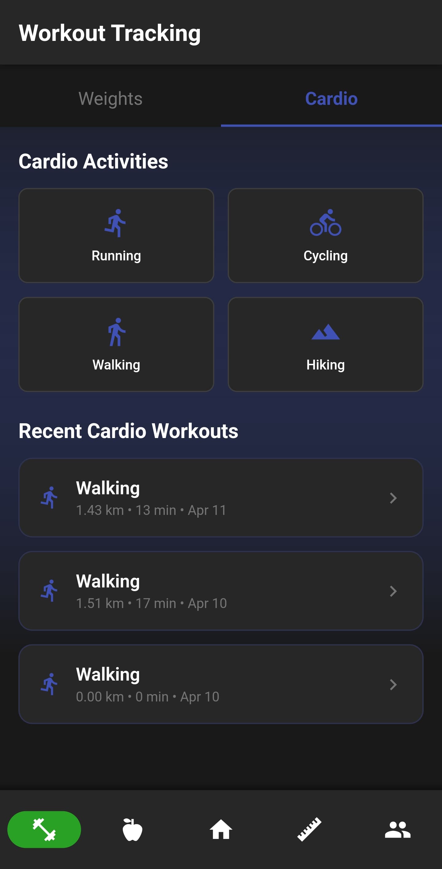 NutriMotion cardio activity list and history screen.