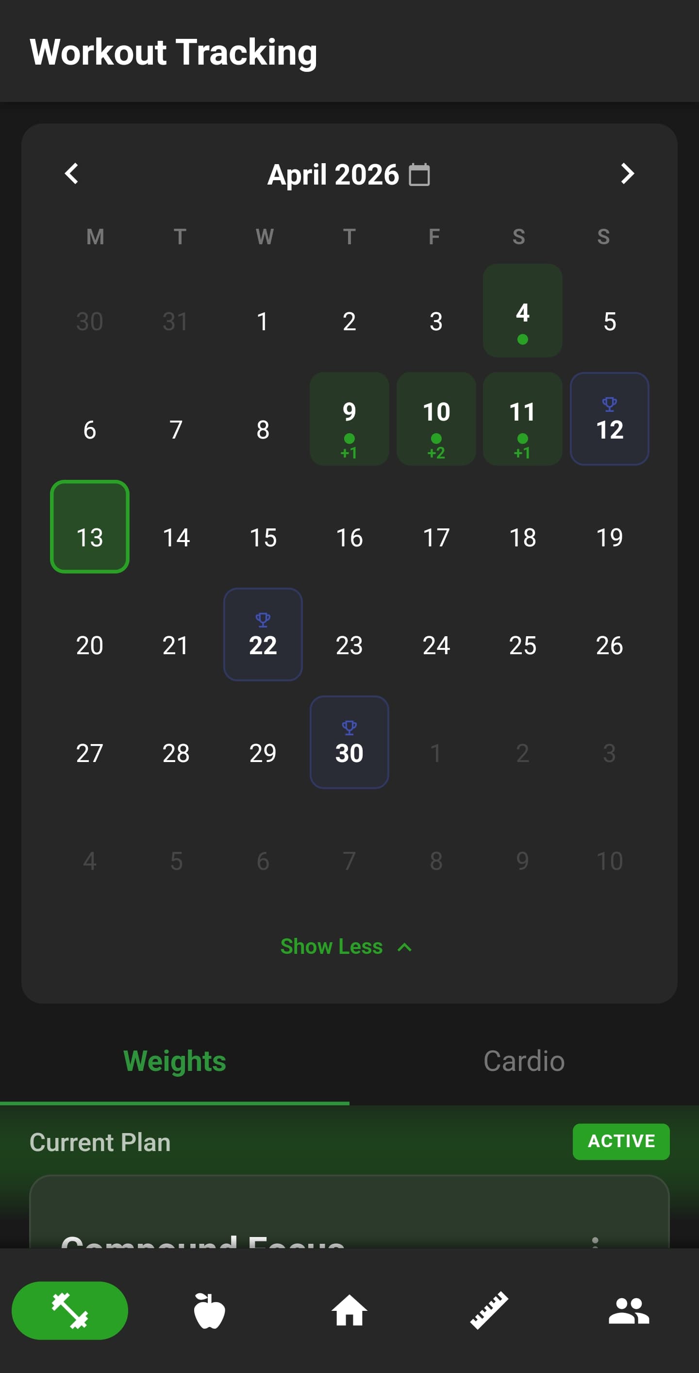 NutriMotion workout calendar view.