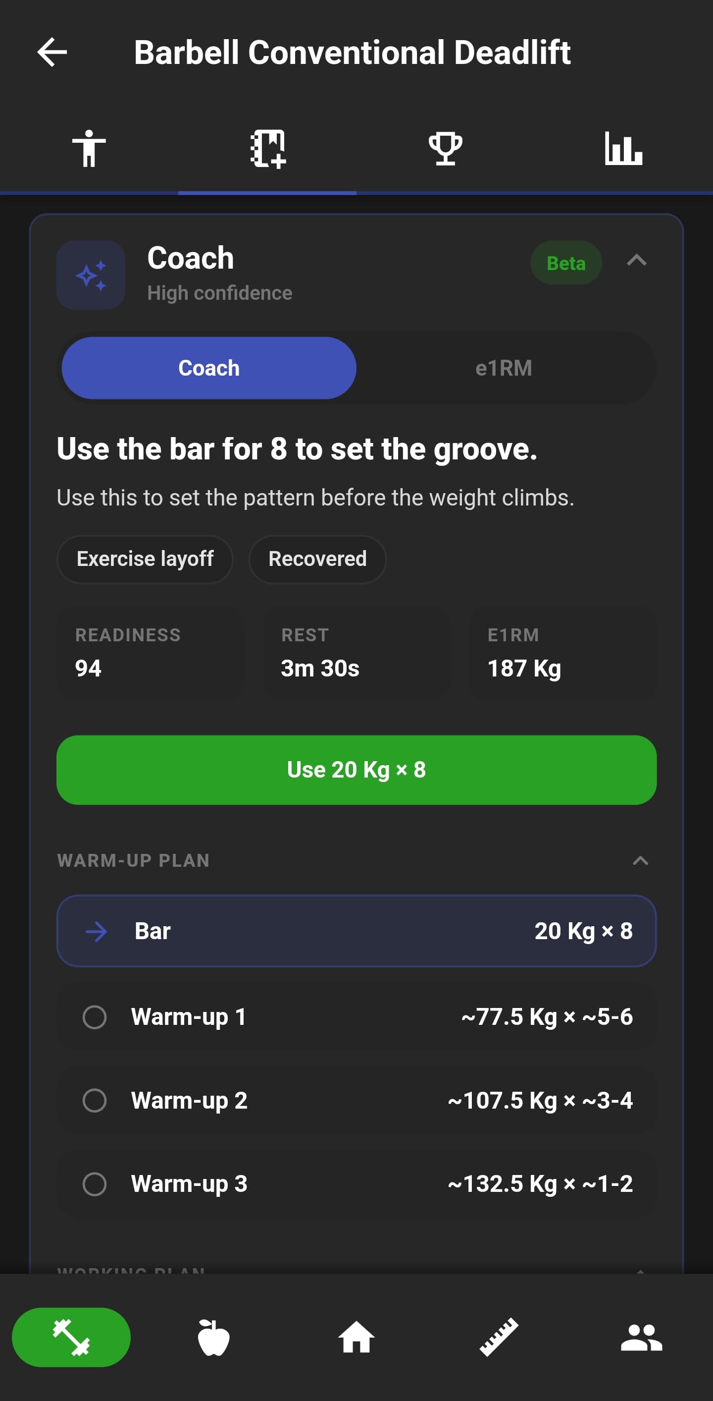 NutriMotion exercise detail and guided set plan screen.