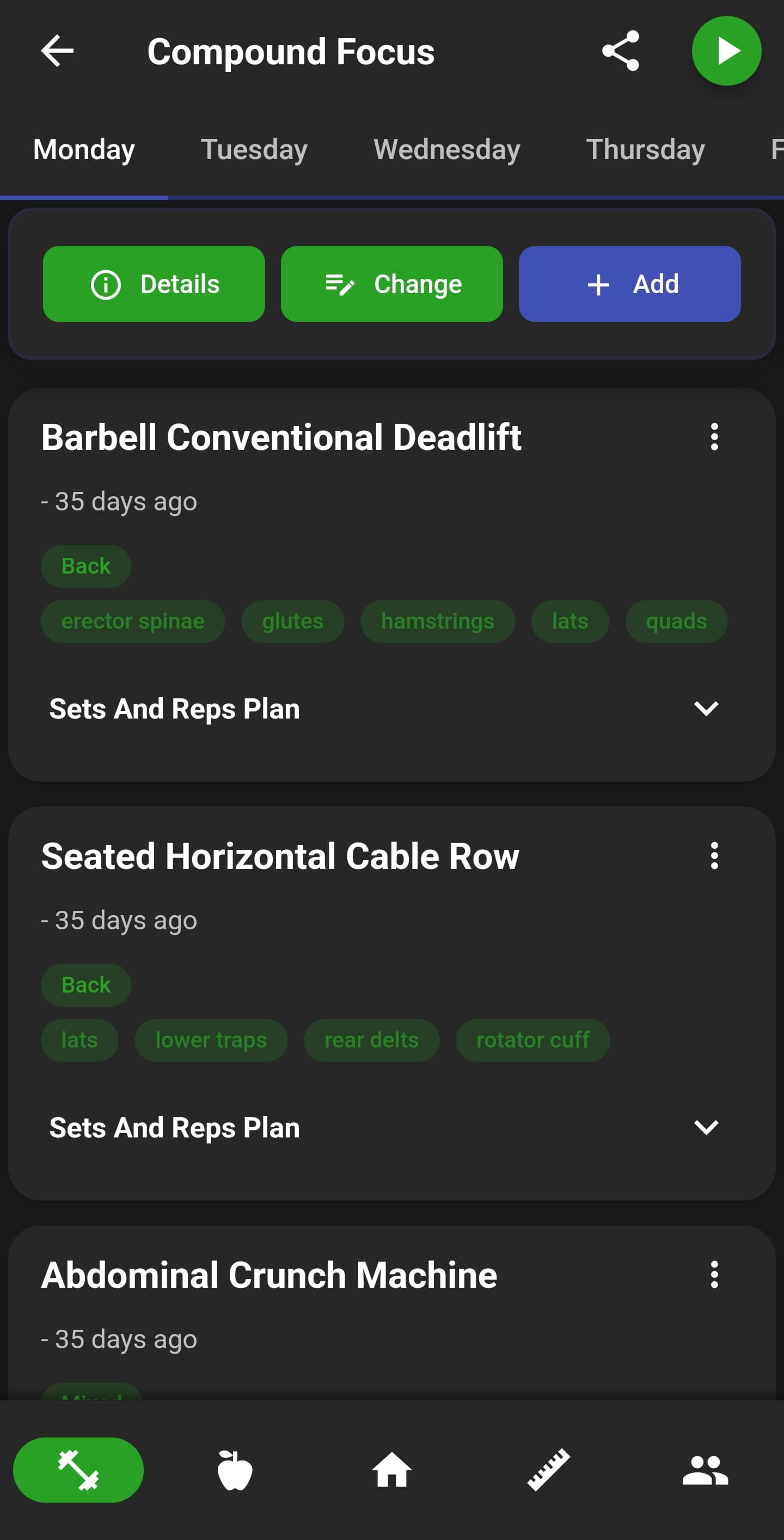 NutriMotion workout plan builder screen.