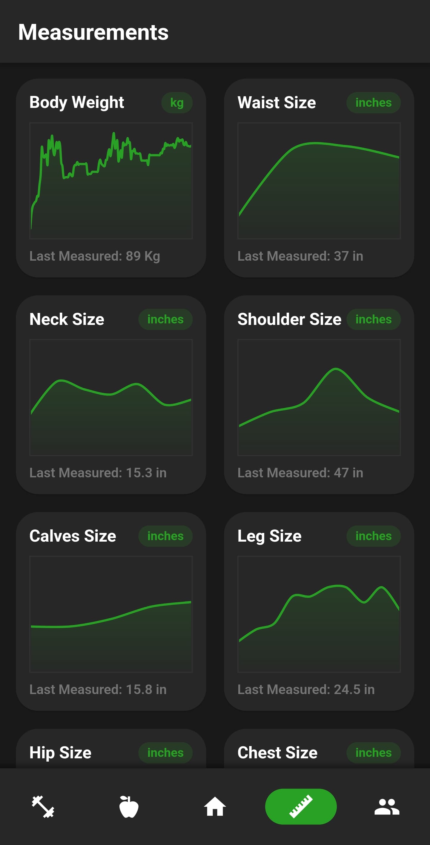 NutriMotion body measurements screen.
