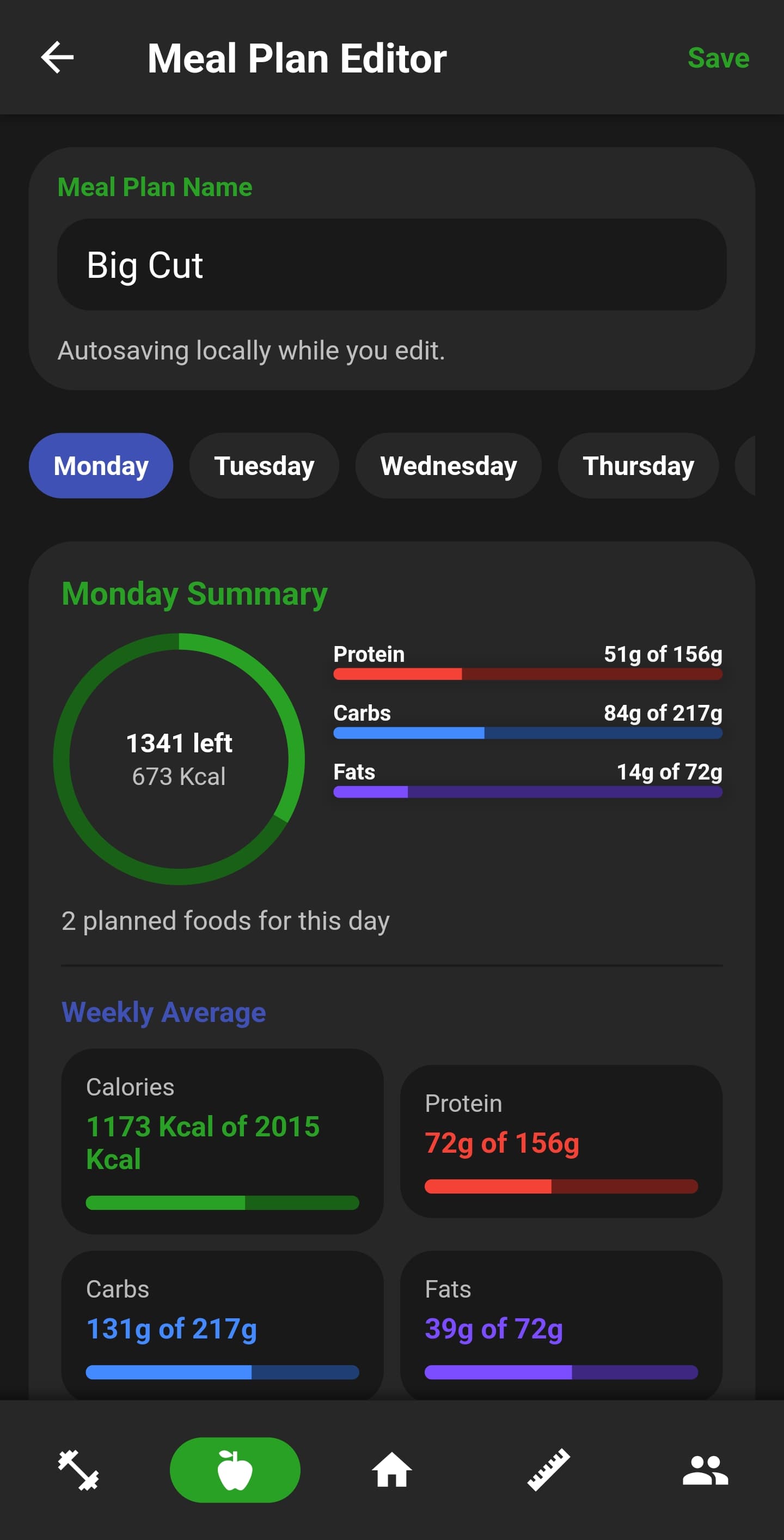 NutriMotion meal planner screen.