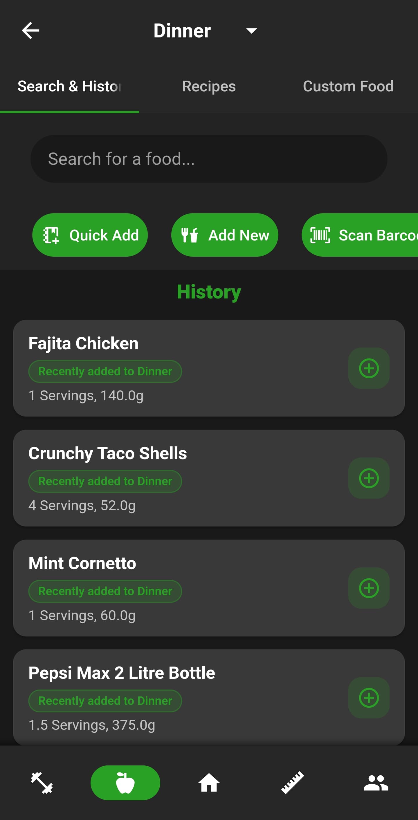 NutriMotion food search and history screen.