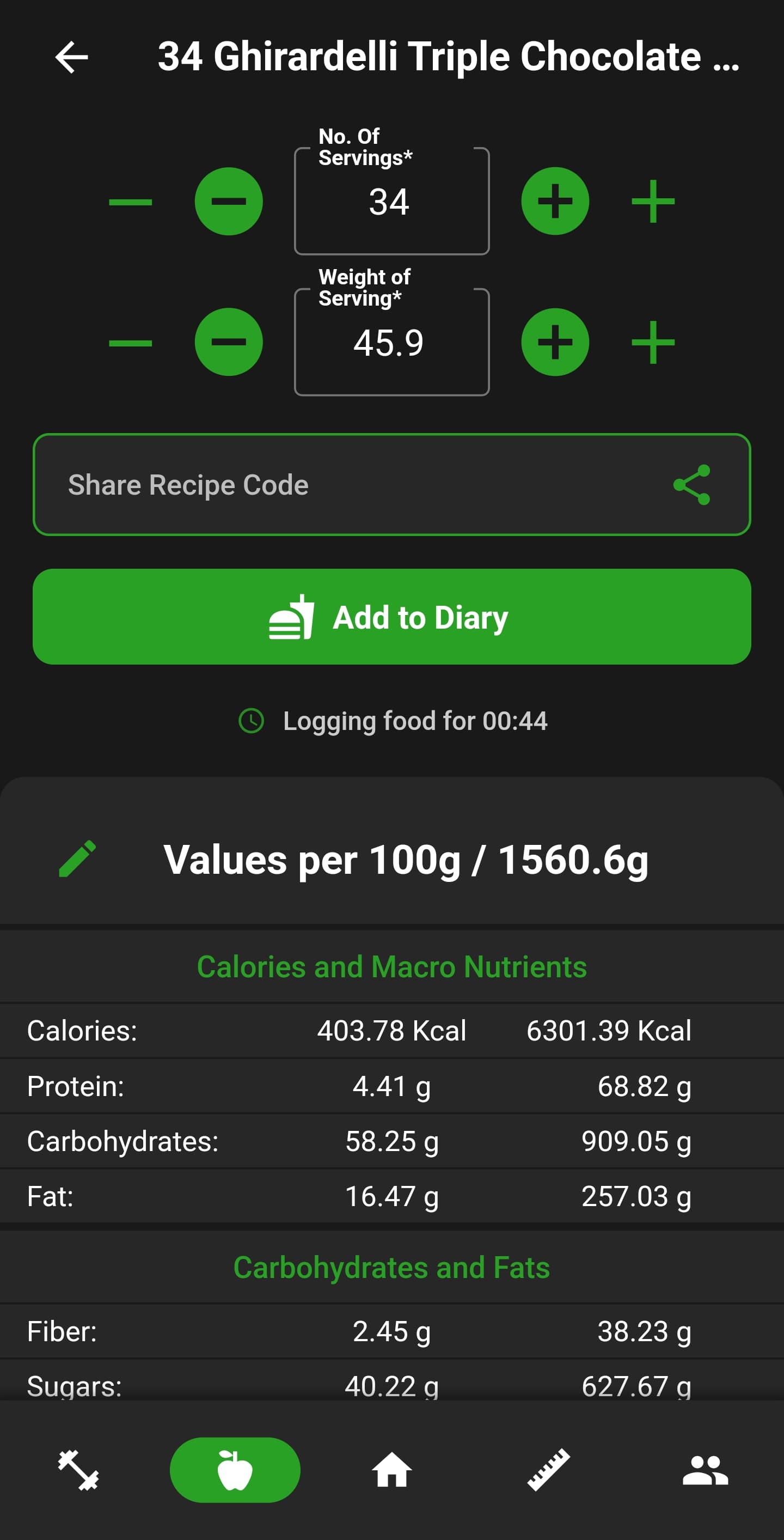 NutriMotion recipe ingredient nutrition screen.