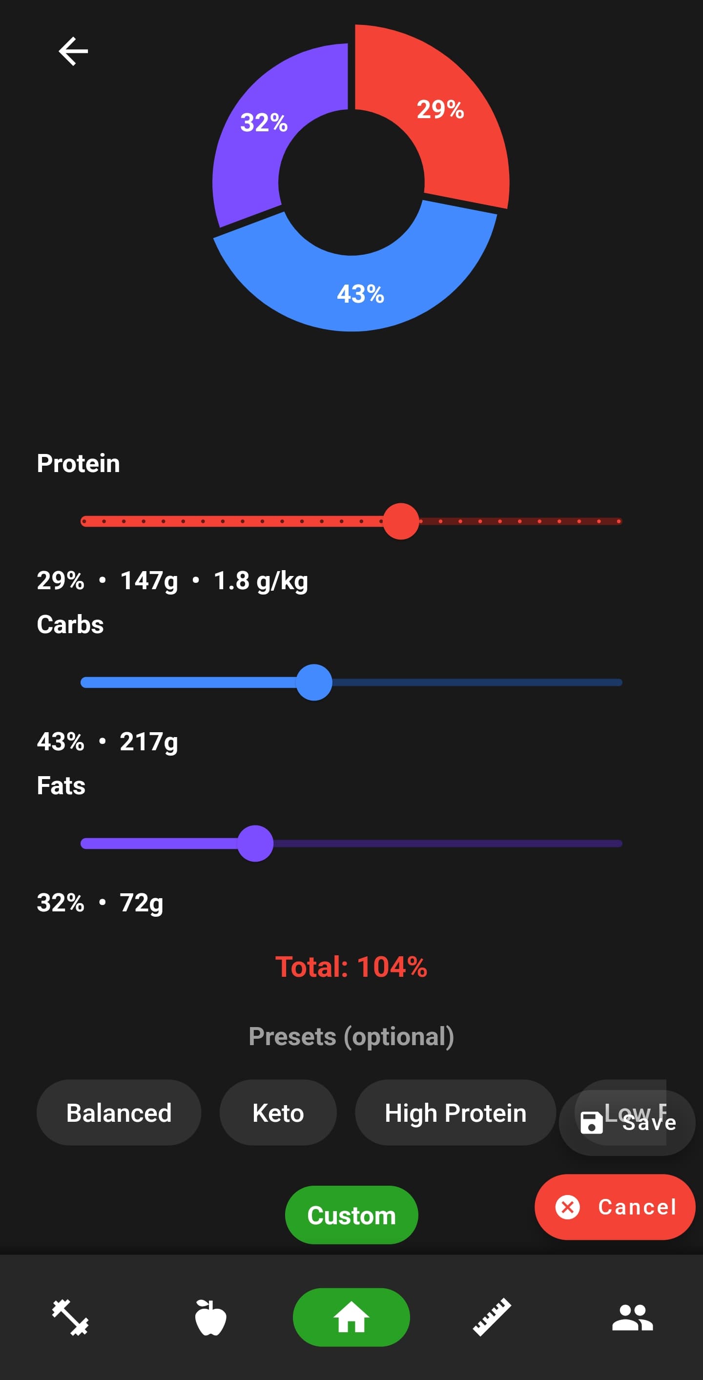 NutriMotion macro target editor screen.