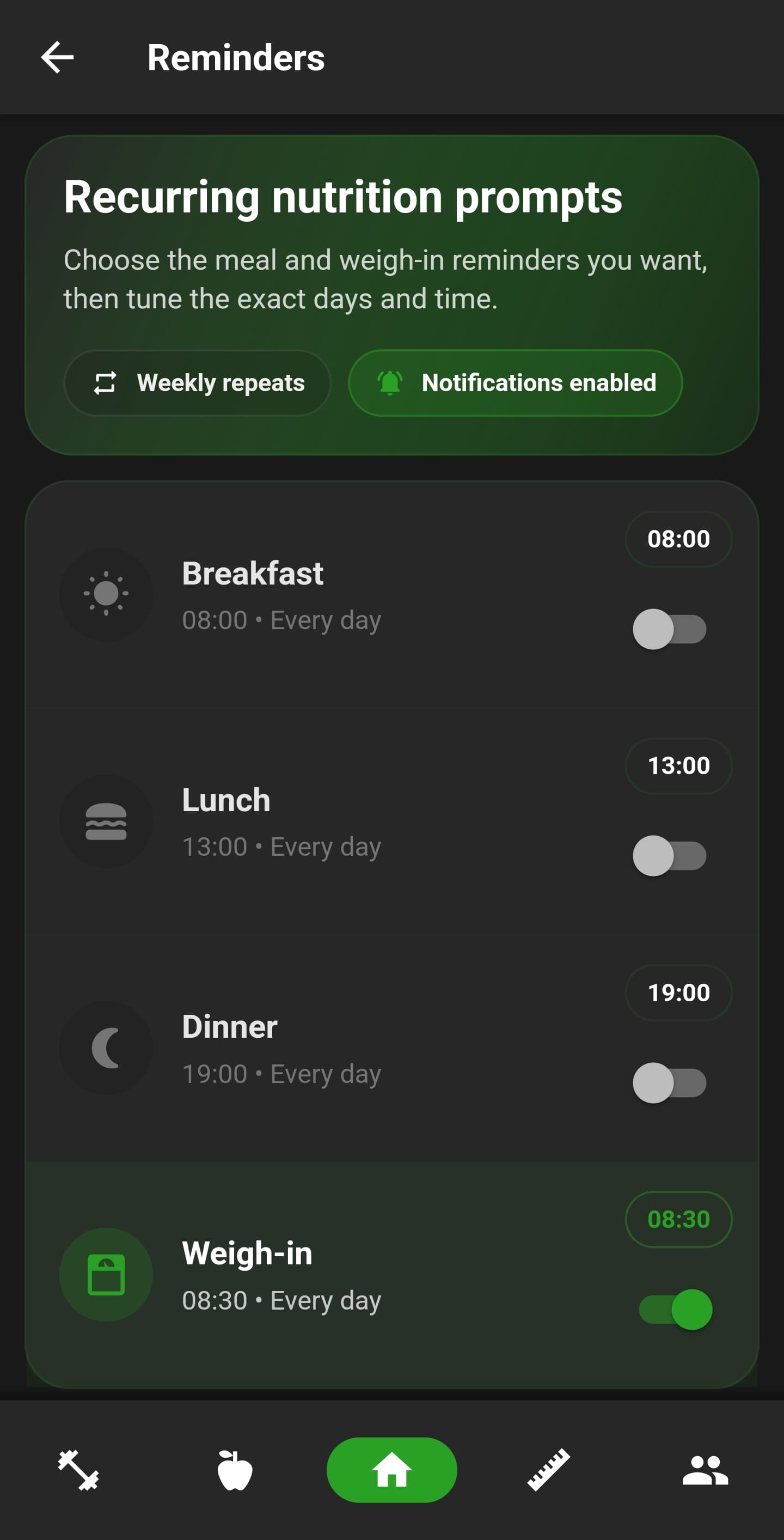 NutriMotion reminders and recurring prompts screen.
