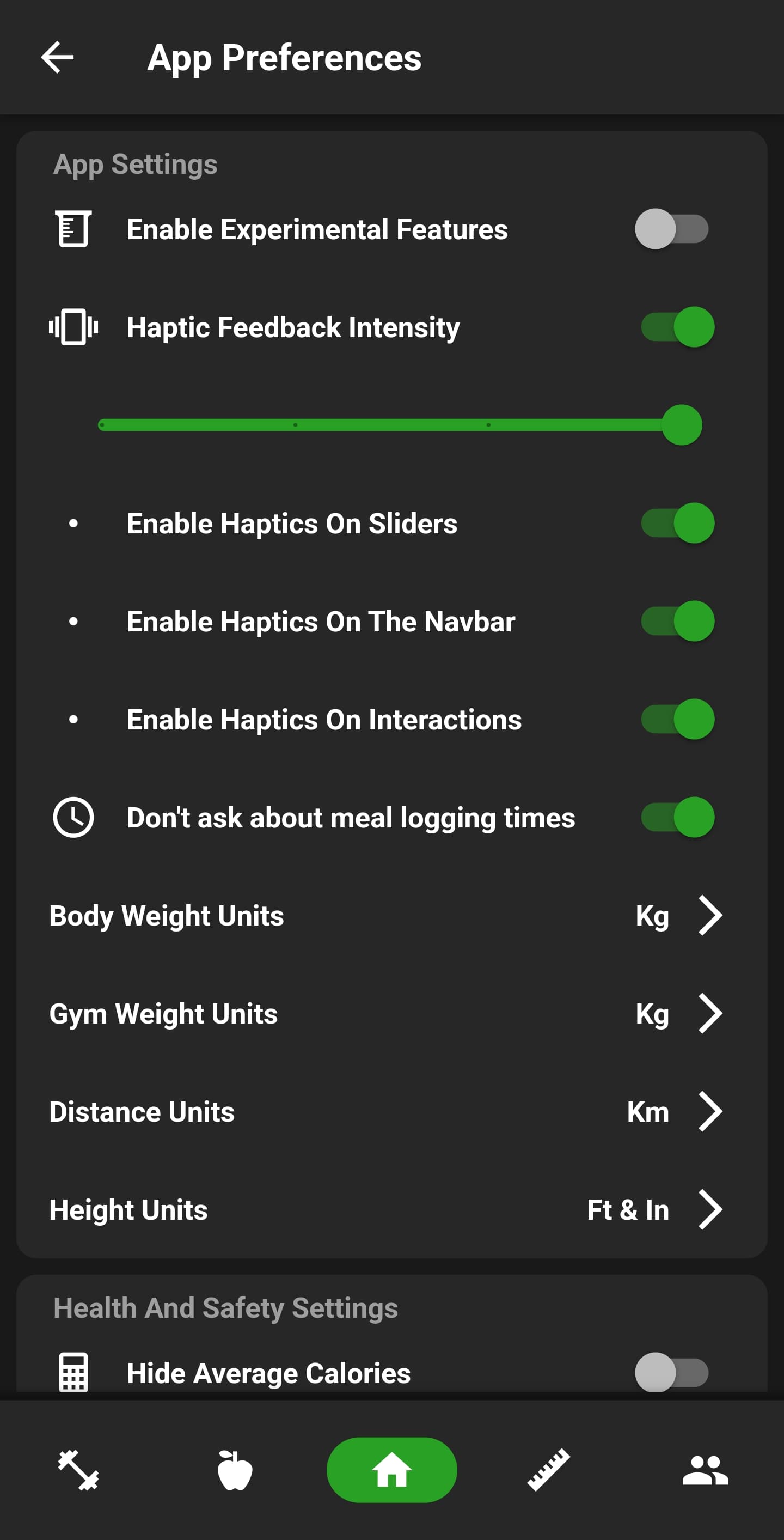 NutriMotion app preferences screen.