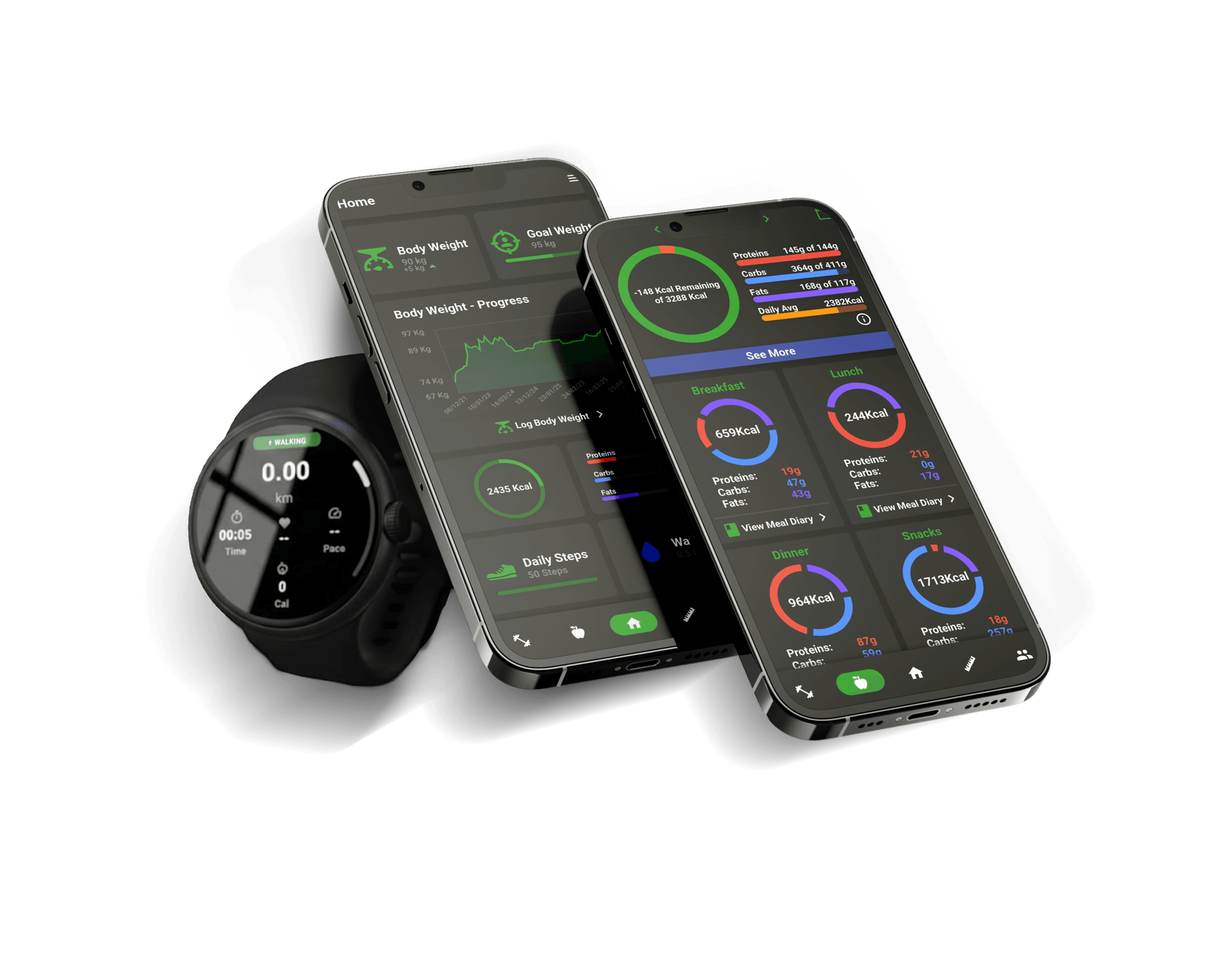 NutriMotion device render showing the mobile app and watch companion.