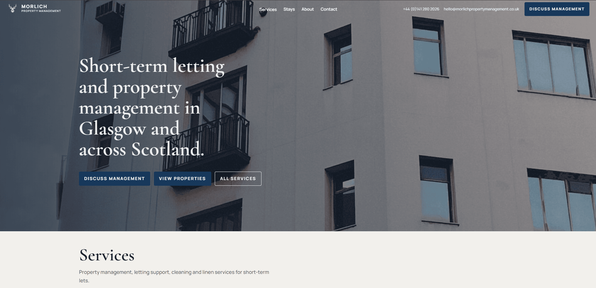 Morlich homepage hero introducing short-term letting and property management in Glasgow and across Scotland.