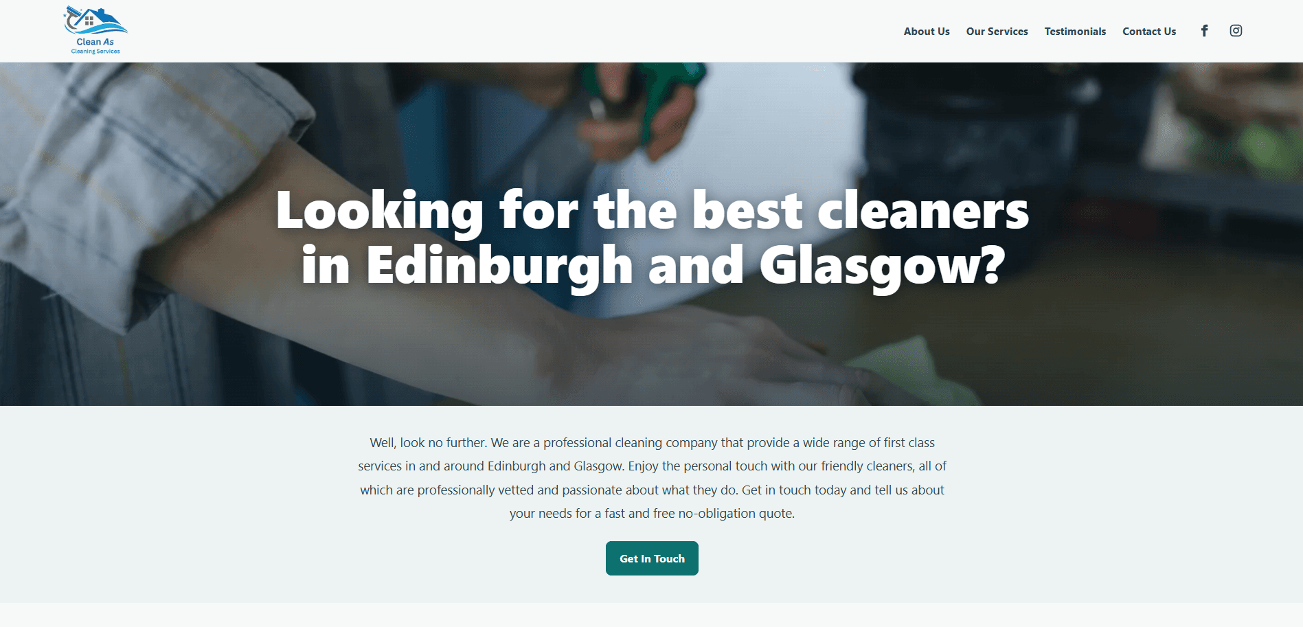 Clean As Cleaning Services homepage hero for cleaners in Edinburgh and Glasgow.
