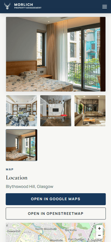 Mobile property page section with image gallery thumbnails, location details, and map action buttons.
