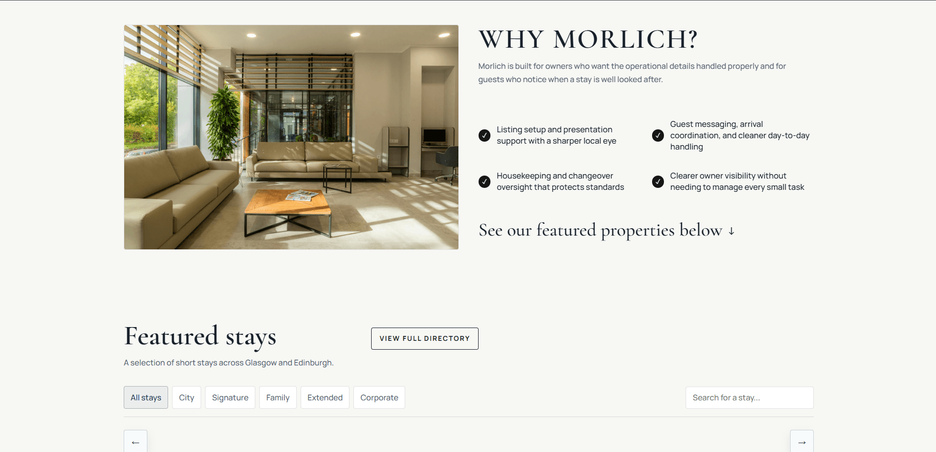 Desktop Morlich section explaining owner benefits with featured stay filters and search controls below.