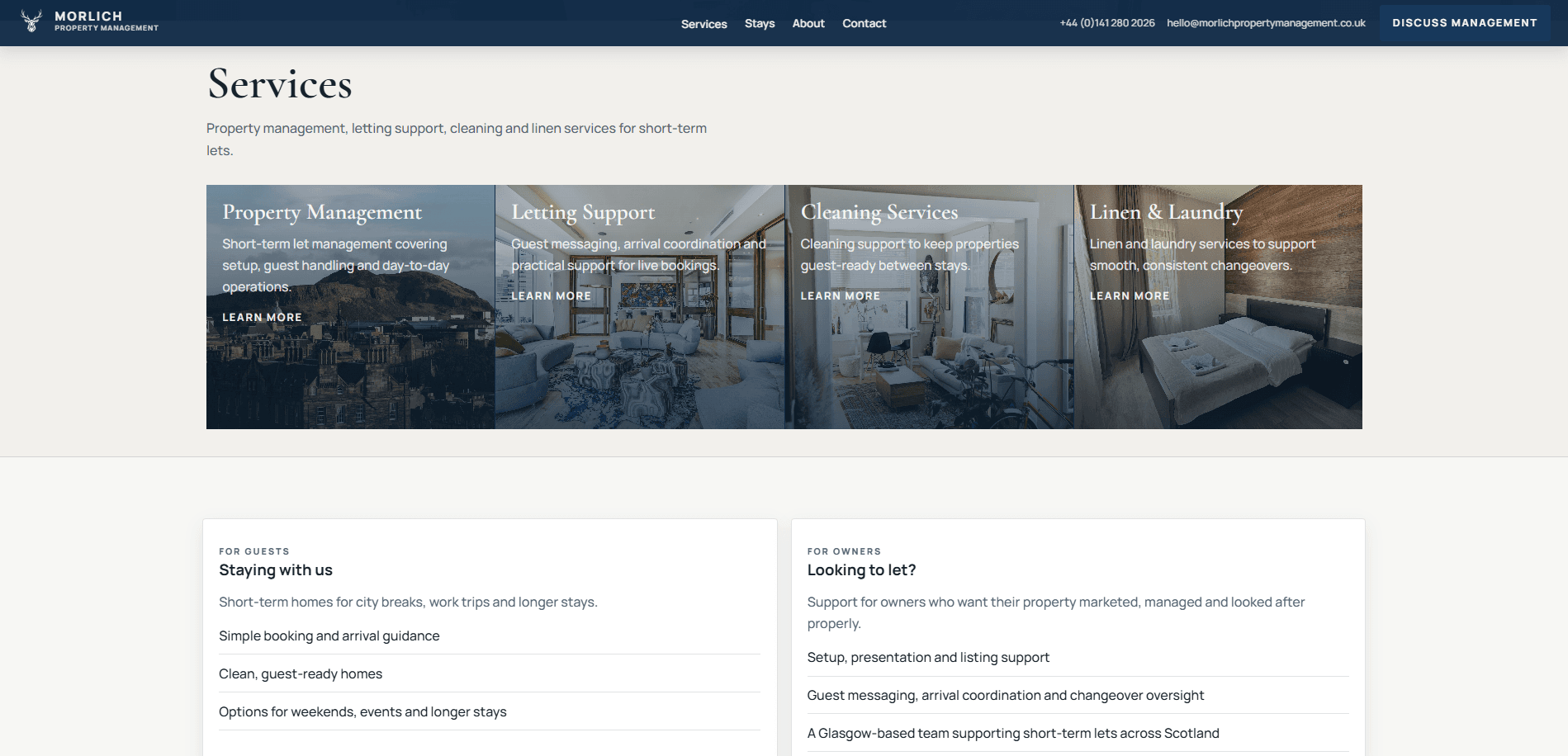 Desktop services section showing property management, letting support, cleaning, and linen alongside separate guest and owner panels.