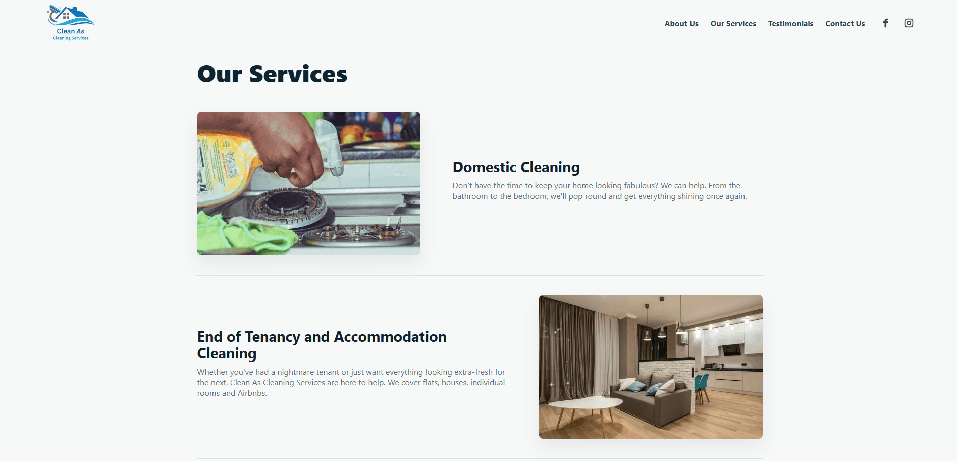 Desktop Clean As services section showing domestic cleaning and end of tenancy cleaning content.