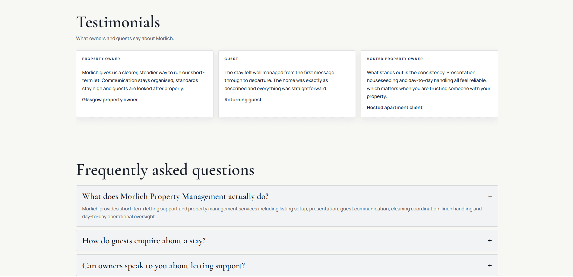 Desktop Morlich testimonials and frequently asked questions section with expandable support content.