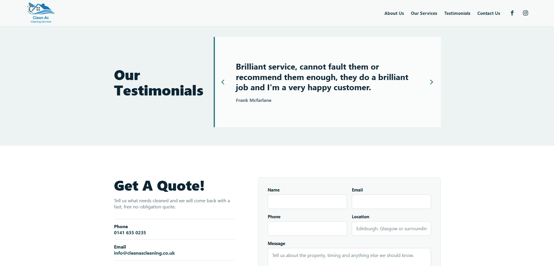 Desktop Clean As testimonials and get a quote section with contact details and quote form fields.