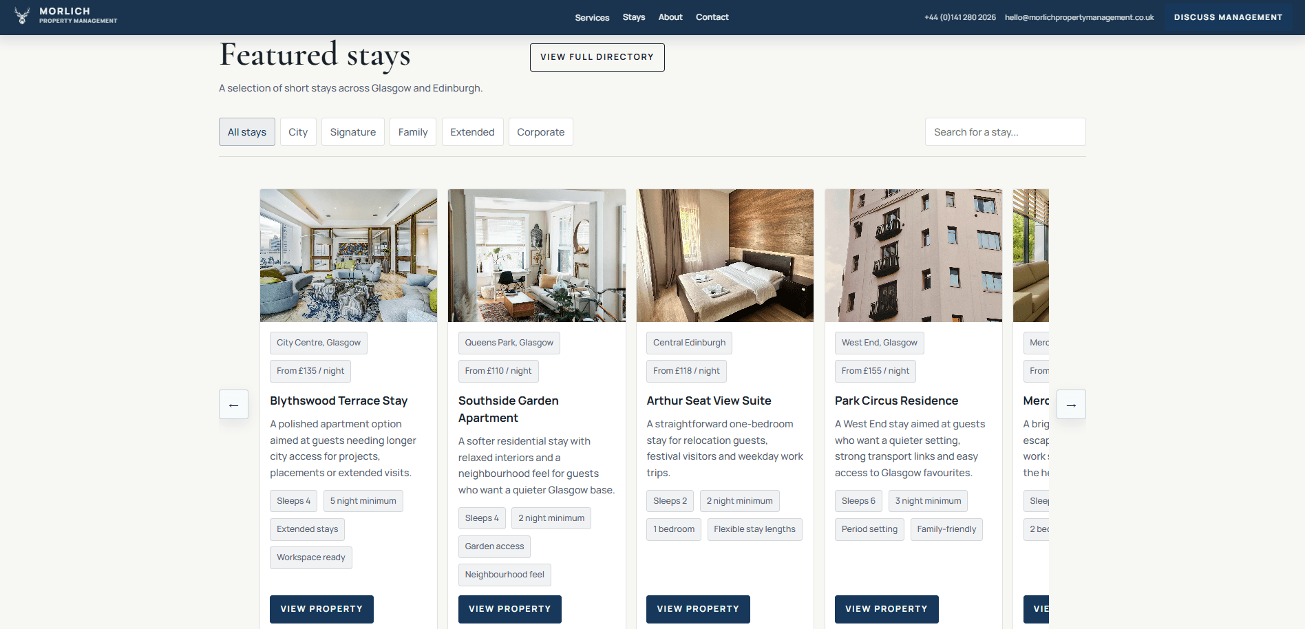 Desktop featured stays directory with filter tabs, stay search, pricing tags, and property cards with clear calls to action.