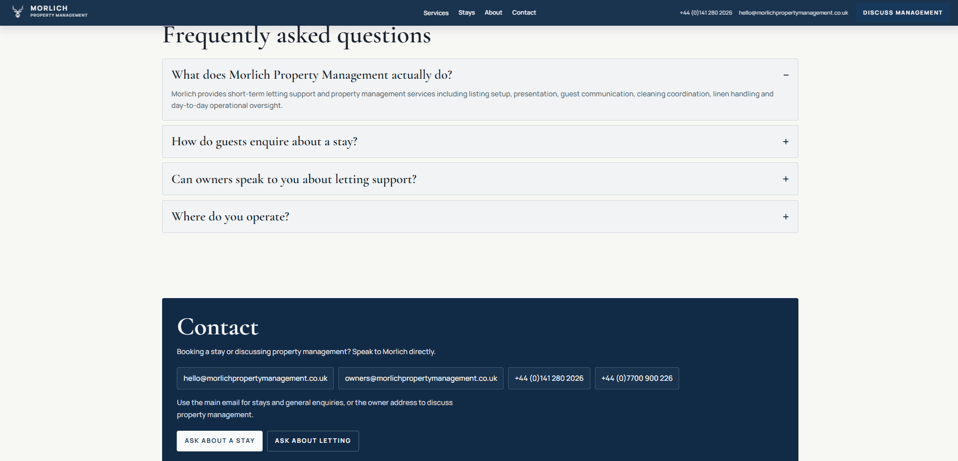 Desktop frequently asked questions and contact panel with direct email and phone options for guests and owners.