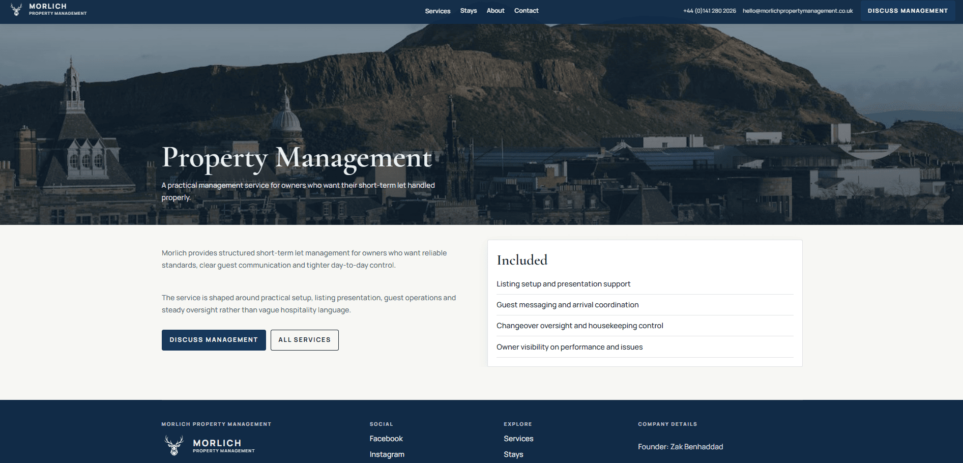 Desktop service detail page outlining property management scope and included operational support.