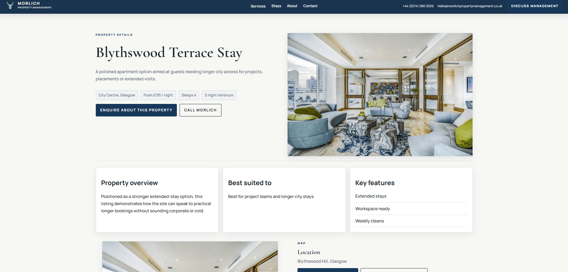 Desktop property detail header for Blythswood Terrace Stay with pricing, occupancy, minimum nights, and enquiry actions.