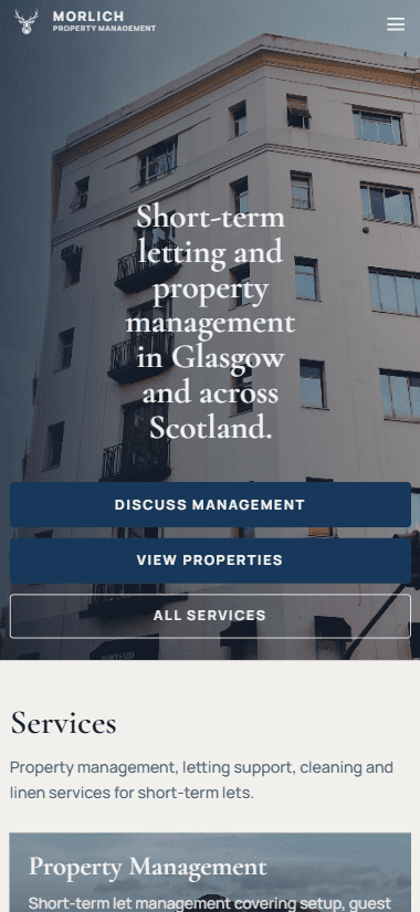 Mobile Morlich landing screen with stacked hero messaging and primary action buttons.