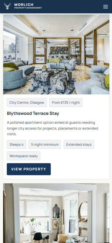 Mobile stay directory cards showing location, nightly pricing, suitability tags, and a view property action.