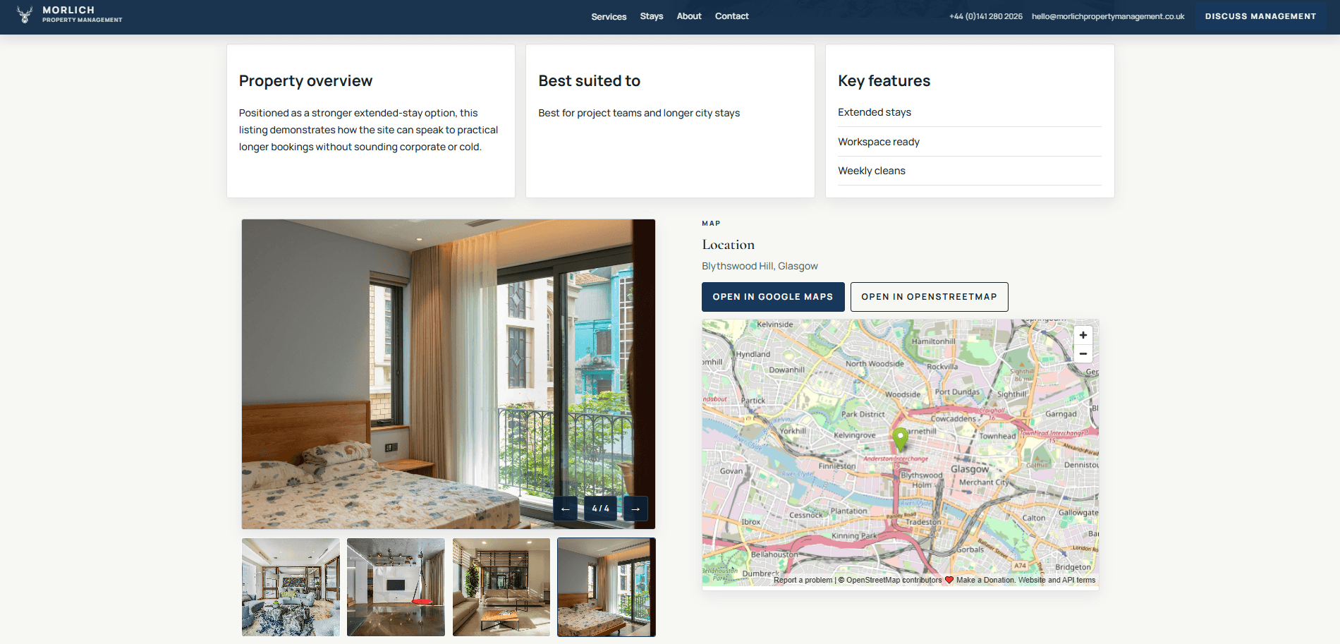 Desktop property gallery and map section with image thumbnails, location information, and map provider actions.