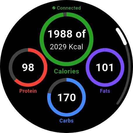 NutriMotion watch dashboard with calorie and macro rings.