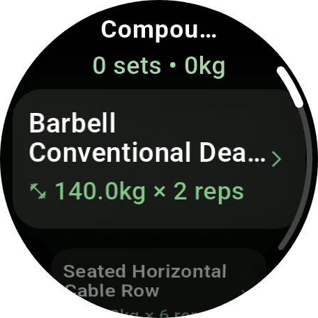 NutriMotion watch strength workout list screen.