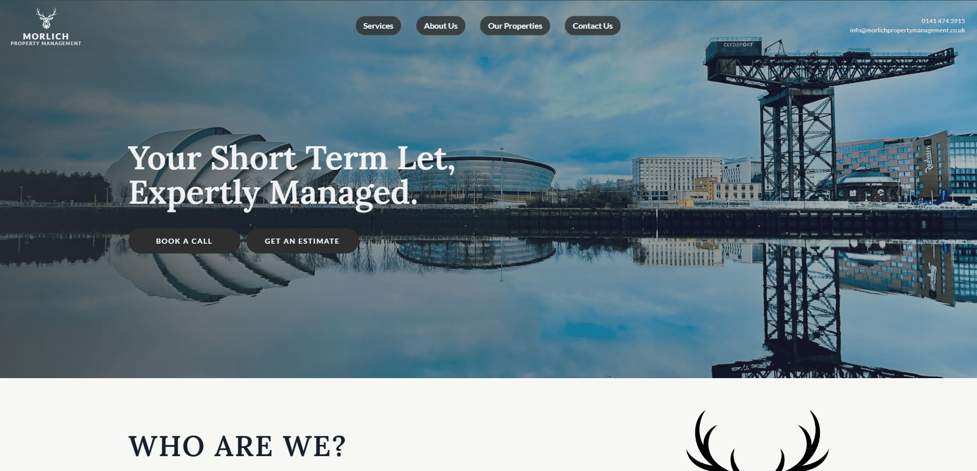 Morlich Property Management website hero over the Glasgow riverside.
