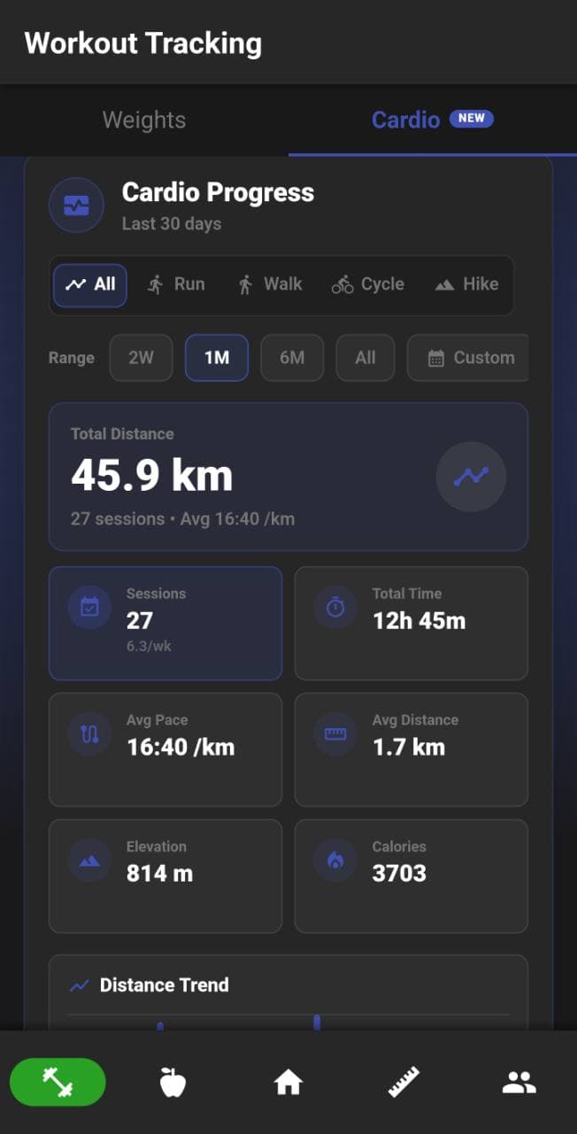 NutriMotion nearby route discovery, automatic route generation and cardio progress screens.