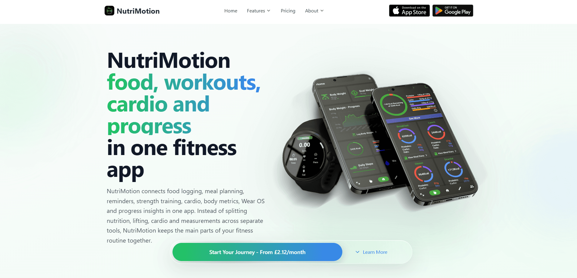 NutriMotion website introducing the mobile app and Wear OS companion.