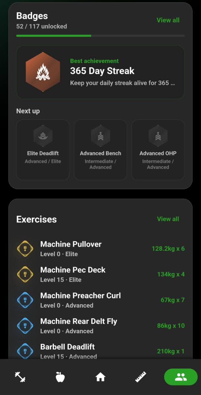 NutriMotion badges, exercise ranks and best achievement.
