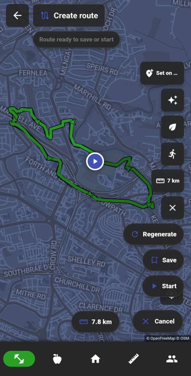 NutriMotion nearby route discovery, automatic route generation and cardio progress screens.