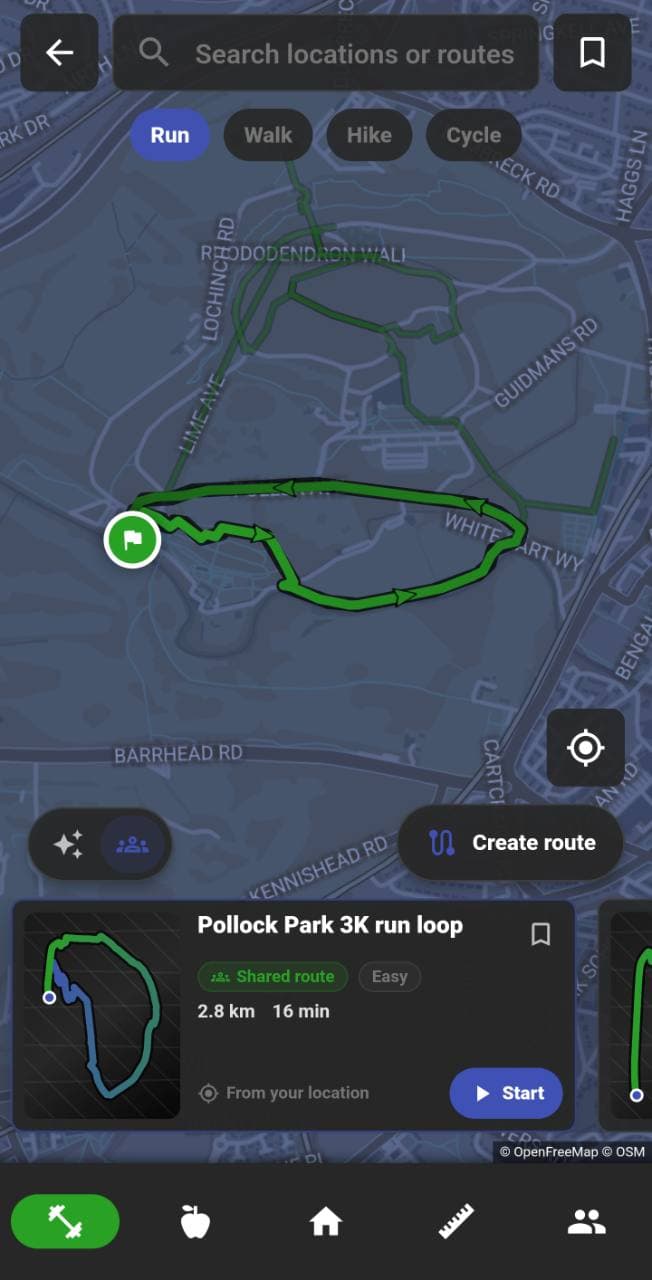 NutriMotion nearby route discovery, automatic route generation and cardio progress screens.